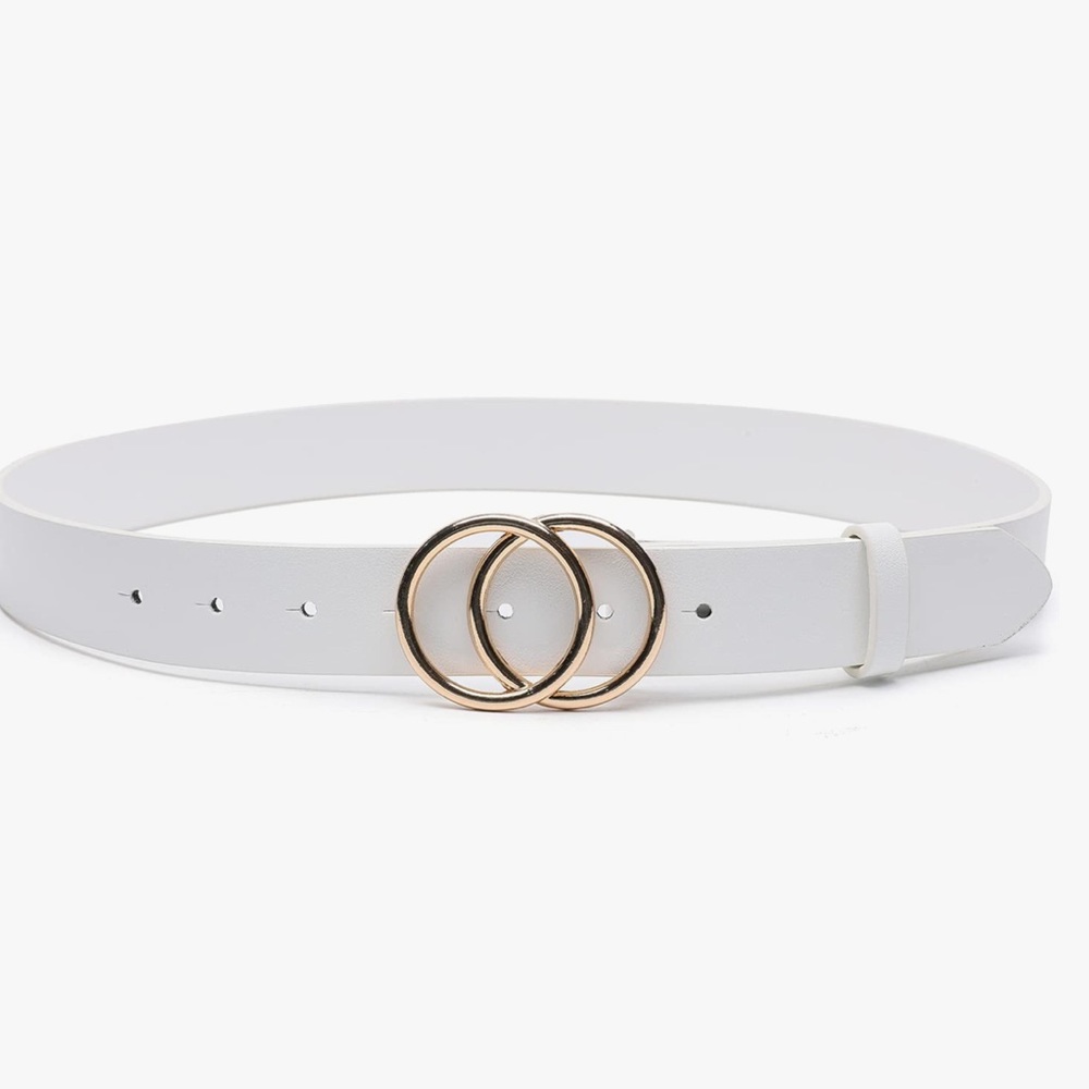 White faux leather belt with gold buckle